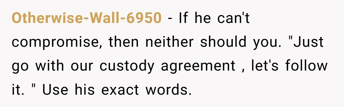 Otherwise-Wall-6950 − If he can't compromise, then neither should you. "Just go with our custody agreement , let's follow it. " Use his exact words.