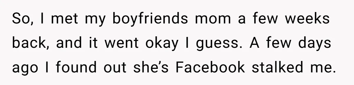 So, I met my boyfriends mom a few weeks back, and it went okay I guess. A few days ago I found out she’s Facebook stalked me.