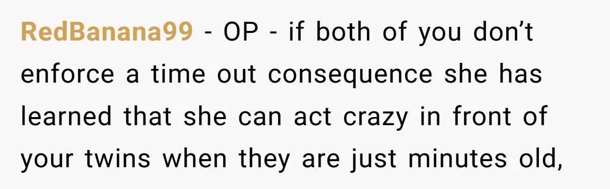 RedBanana99 − OP - if both of you don’t enforce a time out consequence she has learned that she can act crazy in front of your twins when they are...