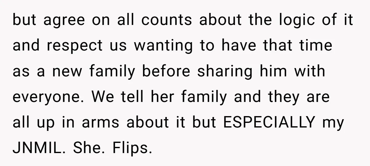 but agree on all counts about the logic of it and respect us wanting to have that time as a new family before sharing him with everyone. We tell her...