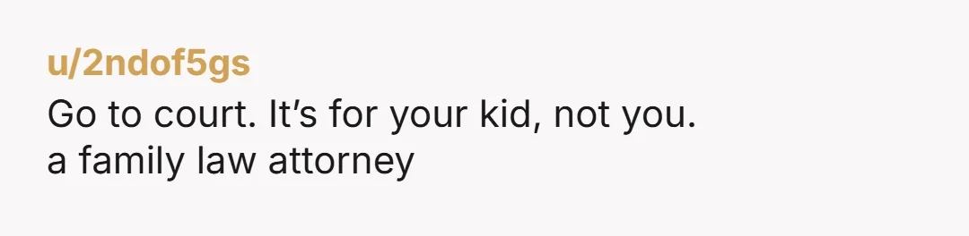 u/2ndof5gs Go to court. It’s for your kid, not you. a family law attorney