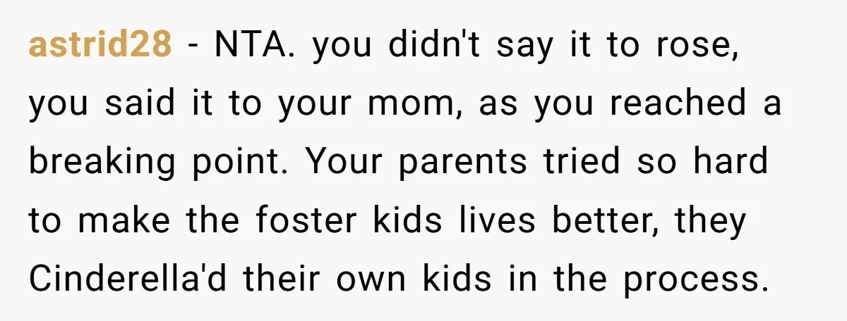 astrid28 − NTA. you didn't say it to rose, you said it to your mom, as you reached a breaking point. Your parents tried so hard to make the foster...