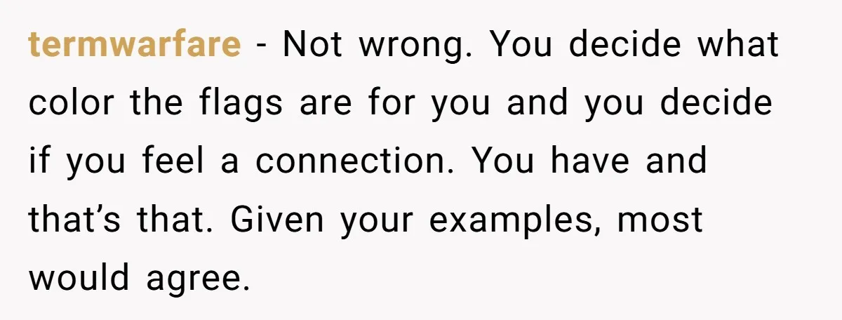 termwarfare − Not wrong. You decide what color the flags are for you and you decide if you feel a connection. You have and that’s that. Given your examples, most...