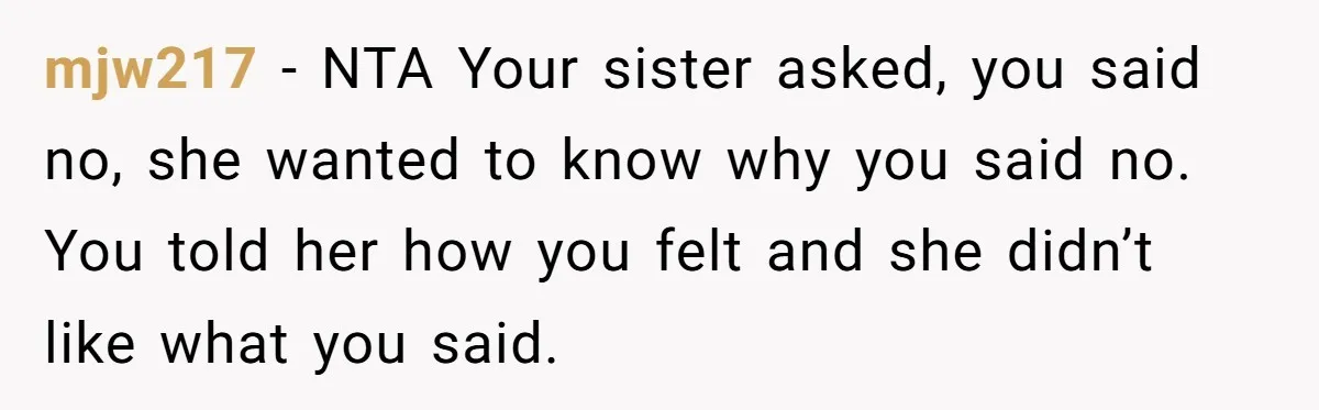 mjw217 − NTA Your sister asked, you said no, she wanted to know why you said no. You told her how you felt and she didn’t like what you said.