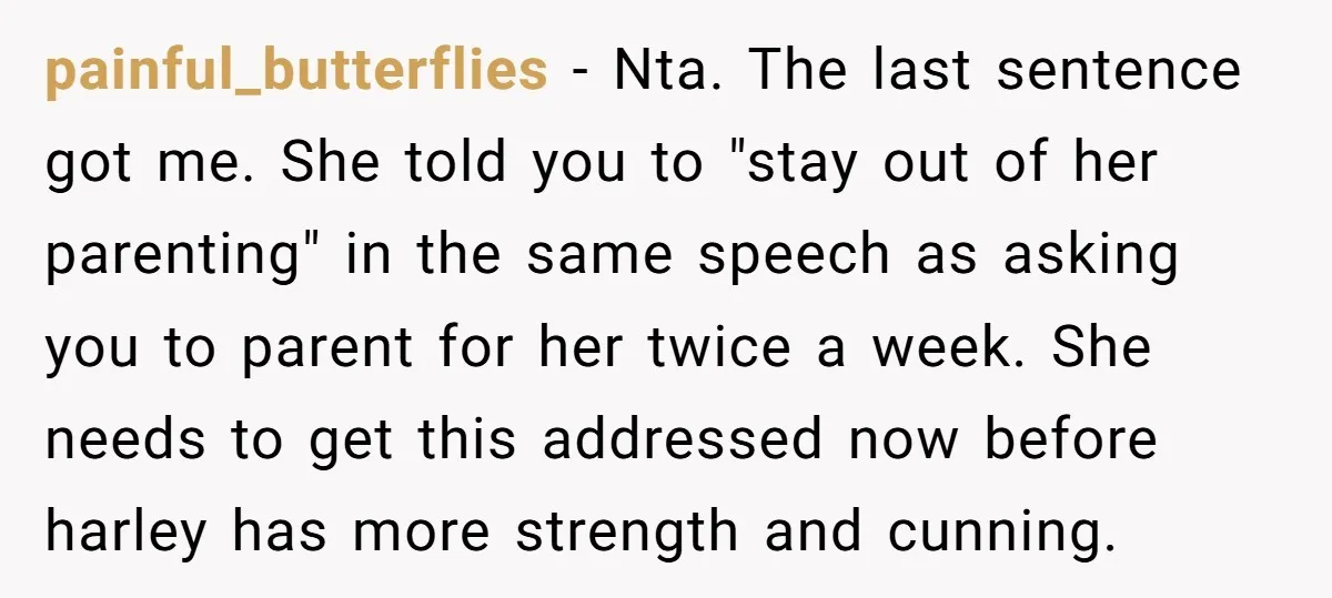 painful_butterflies − Nta. The last sentence got me. She told you to "stay out of her parenting" in the same speech as asking you to parent for her twice a...