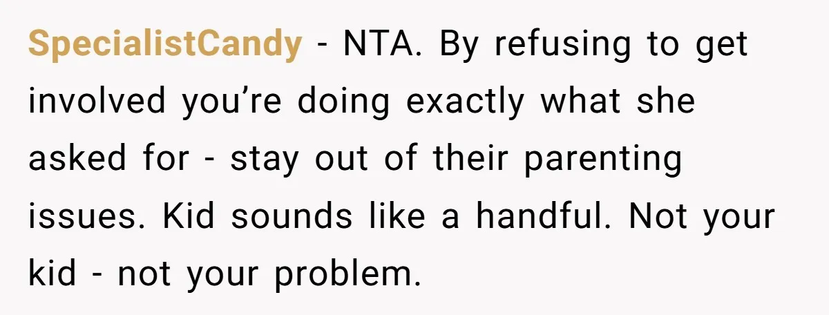 SpecialistCandy − NTA. By refusing to get involved you’re doing exactly what she asked for - stay out of their parenting issues. Kid sounds like a handful. Not your kid...