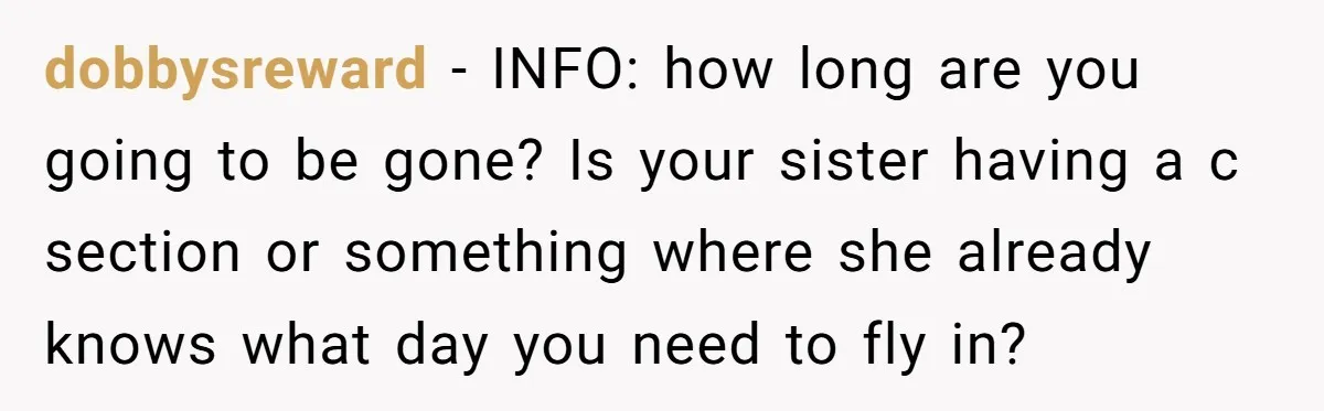 dobbysreward − INFO: how long are you going to be gone? Is your sister having a c section or something where she already knows what day you need to fly...