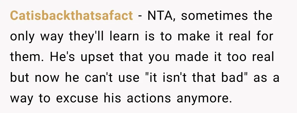 Catisbackthatsafact − NTA, sometimes the only way they'll learn is to make it real for them. He's upset that you made it too real but now he can't use "it...