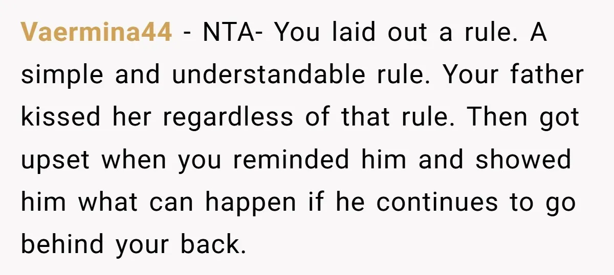 Vaermina44 − NTA- You laid out a rule. A simple and understandable rule. Your father kissed her regardless of that rule. Then got upset when you reminded him and showed...
