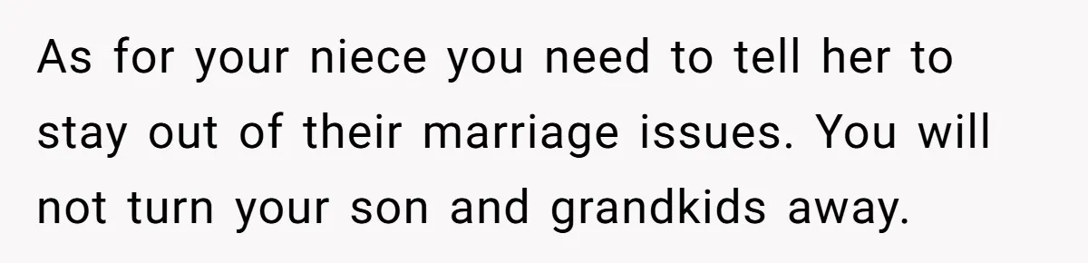 As for your niece you need to tell her to stay out of their marriage issues. You will not turn your son and grandkids away.