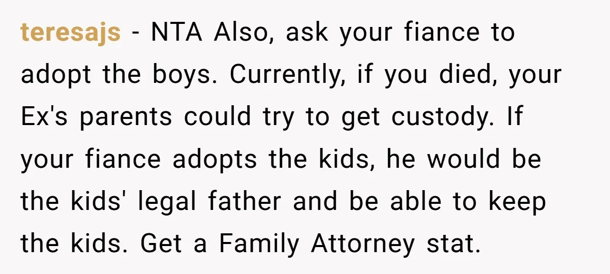 teresajs − NTA Also, ask your fiance to adopt the boys. Currently, if you died, your Ex's parents could try to get custody. If your fiance adopts the kids, he...