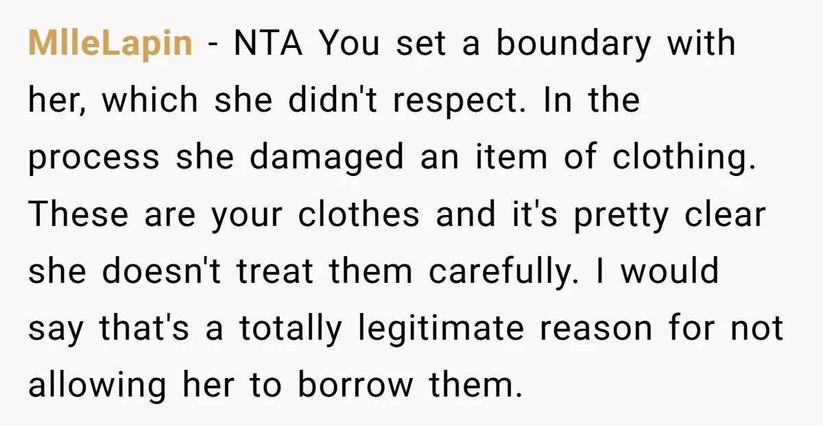 MlleLapin − NTA You set a boundary with her, which she didn't respect. In the process she damaged an item of clothing. These are your clothes and it's pretty clear...