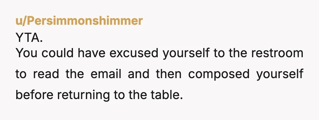 u/Persimmonshimmer
YTA.
You could have excused yourself to the restroom to read the email and then composed yourself before returning to the table.