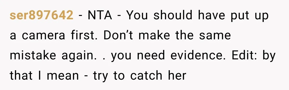 ser897642 − NTA - You should have put up a camera first. Don’t make the same mistake again. . you need evidence. Edit: by that I mean - try to...
