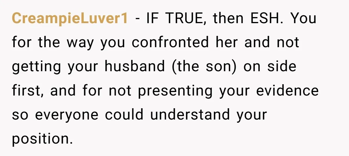 CreampieLuver1 − IF TRUE, then ESH. You for the way you confronted her and not getting your husband (the son) on side first, and for not presenting your evidence so...