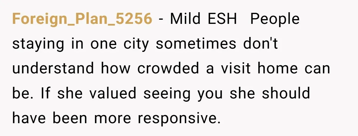 Foreign_Plan_5256 − Mild ESH  People staying in one city sometimes don't understand how crowded a visit home can be. If she valued seeing you she should have been more responsive.