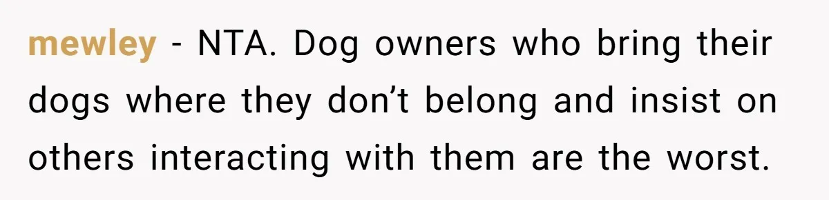 mewley − NTA. Dog owners who bring their dogs where they don’t belong and insist on others interacting with them are the worst.