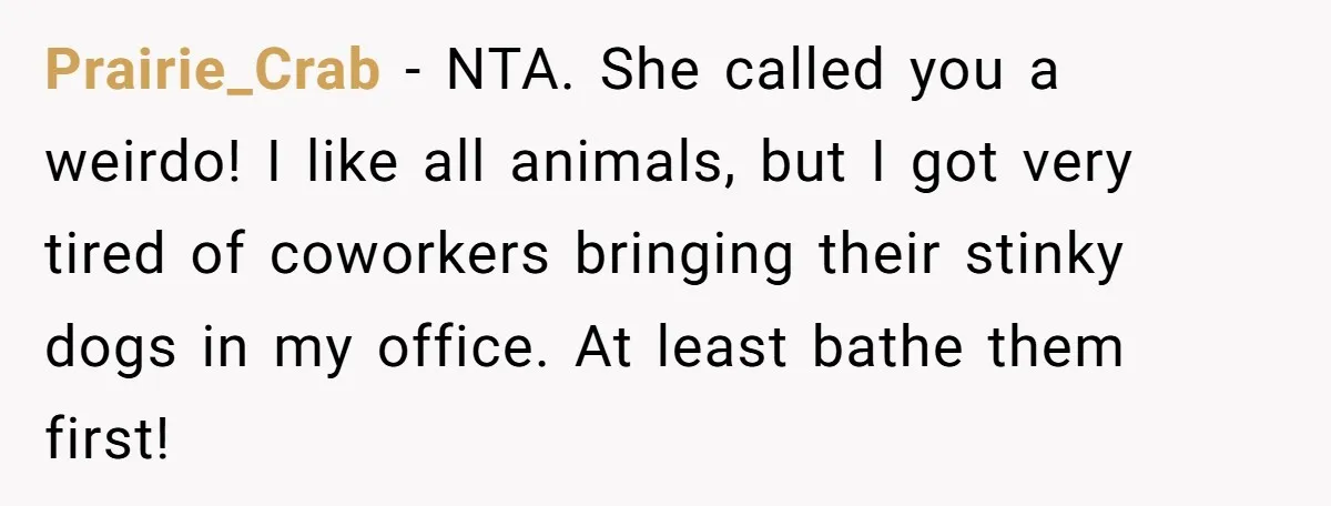 Prairie_Crab − NTA. She called you a weirdo! I like all animals, but I got very tired of coworkers bringing their stinky dogs in my office. At least bathe them...