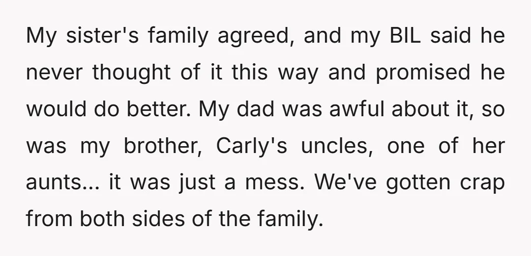 My sister's family agreed, and my BIL said he never thought of it this way and promised he would do better. My dad was awful about it, so was my...