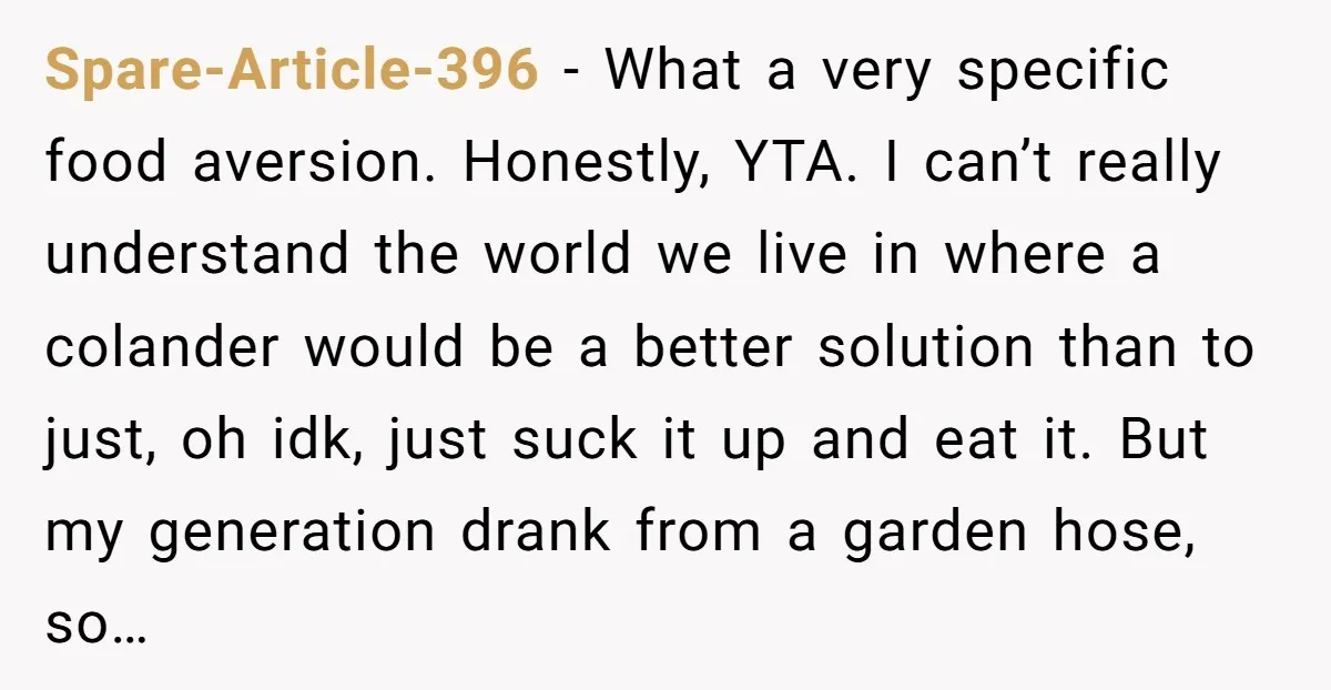 Spare-Article-396 − What a very specific food aversion. Honestly, YTA. I can’t really understand the world we live in where a colander would be a better solution than to just,...