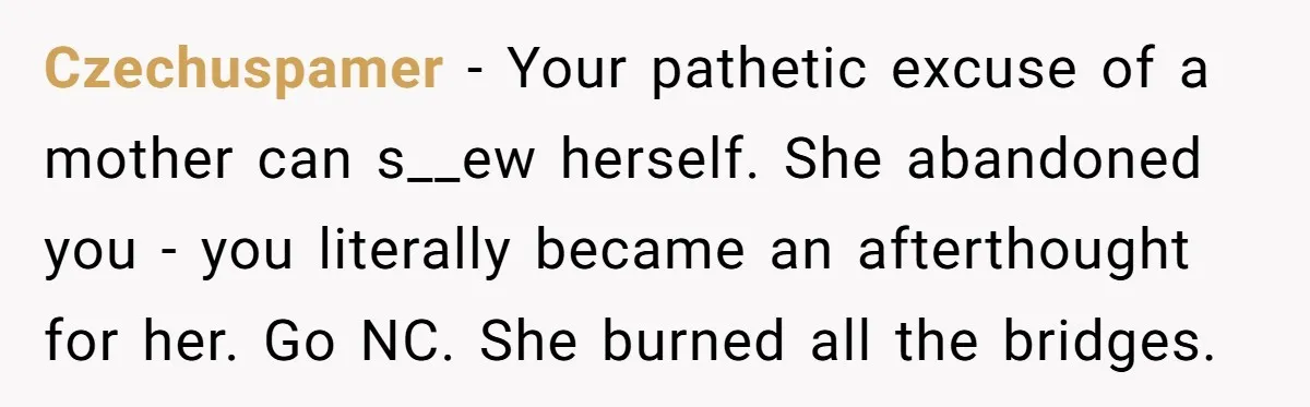 Czechuspamer − Your pathetic excuse of a mother can s__ew herself. She abandoned you - you literally became an afterthought for her. Go NC. She burned all the bridges.