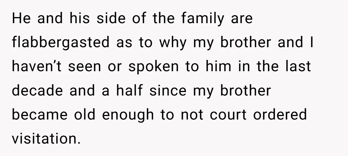 He and his side of the family are flabbergasted as to why my brother and I haven’t seen or spoken to him in the last decade and a half since...