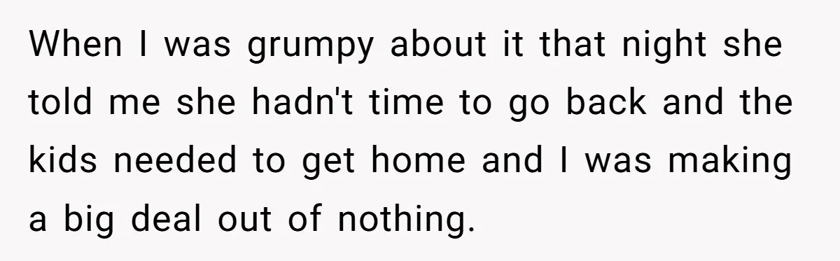 When I was grumpy about it that night she told me she hadn't time to go back and the kids needed to get home and I was making a big...