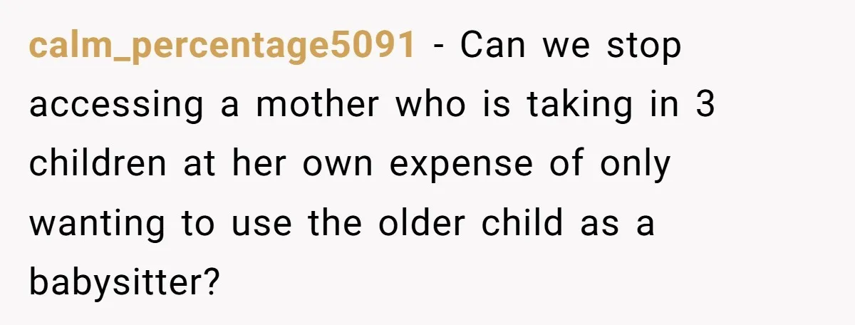 calm_percentage5091 − Can we stop accessing a mother who is taking in 3 children at her own expense of only wanting to use the older child as a babysitter?