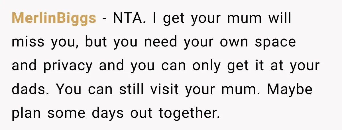 MerlinBiggs − NTA. I get your mum will miss you, but you need your own space and privacy and you can only get it at your dads. You can still...