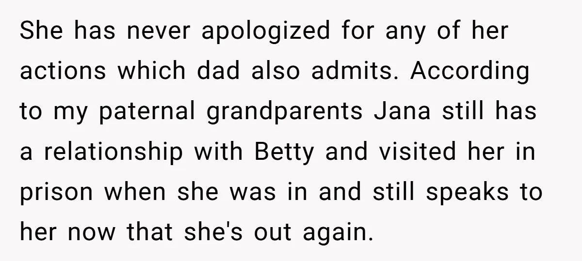 She has never apologized for any of her actions which dad also admits. According to my paternal grandparents Jana still has a relationship with Betty and visited her in prison...