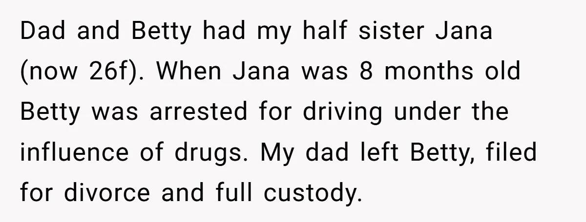 Dad and Betty had my half sister Jana (now 26f). When Jana was 8 months old Betty was arrested for driving under the influence of drugs. My dad left Betty,...