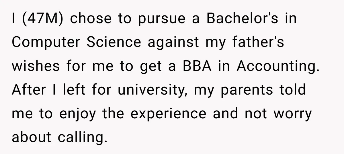 I (47M) chose to pursue a Bachelor's in Computer Science against my father's wishes for me to get a BBA in Accounting. After I left for university, my parents told...