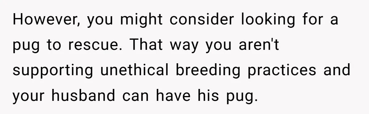 However, you might consider looking for a pug to rescue. That way you aren't supporting unethical breeding practices and your husband can have his pug.