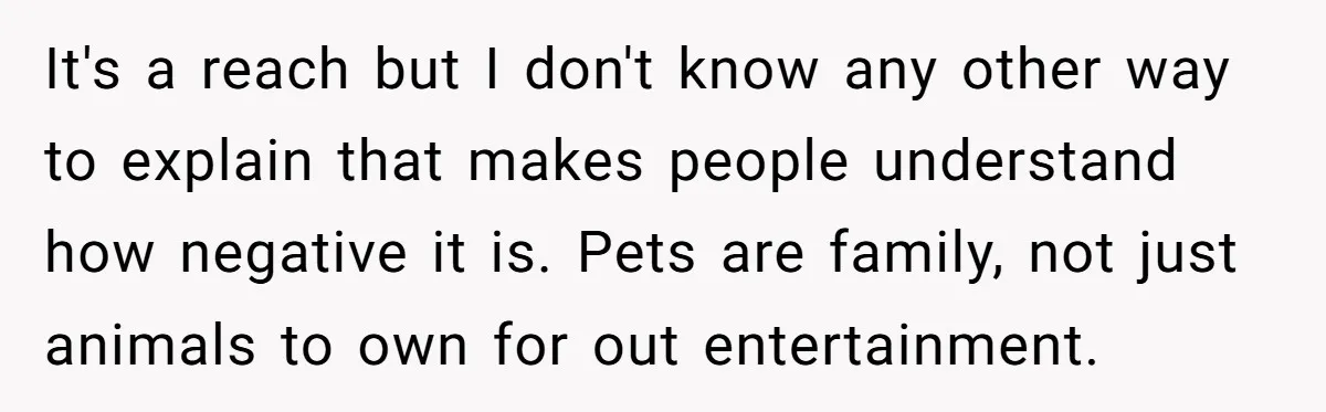 It's a reach but I don't know any other way to explain that makes people understand how negative it is. Pets are family, not just animals to own for out...