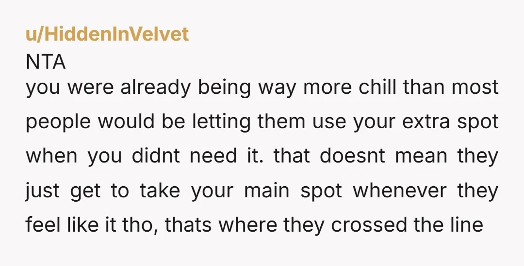 u/HiddenInVelvet NTA you were already being way more chill than most people would be letting them use your extra spot when you didnt need it. that doesnt mean they just...