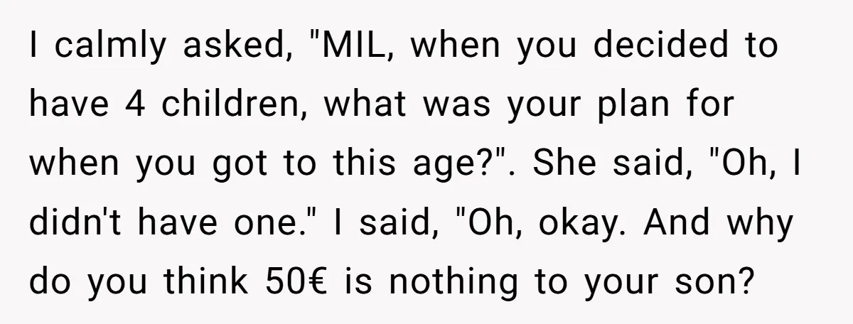 I calmly asked, "MIL, when you decided to have 4 children, what was your plan for when you got to this age?". She said, "Oh, I didn't have one." I...