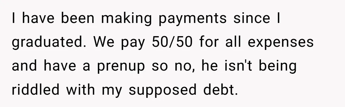 I have been making payments since I graduated. We pay 50/50 for all expenses and have a prenup so no, he isn't being riddled with my supposed debt.