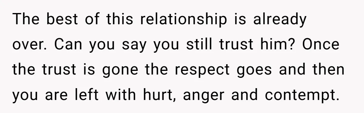 The best of this relationship is already over. Can you say you still trust him? Once the trust is gone the respect goes and then you are left with hurt,...