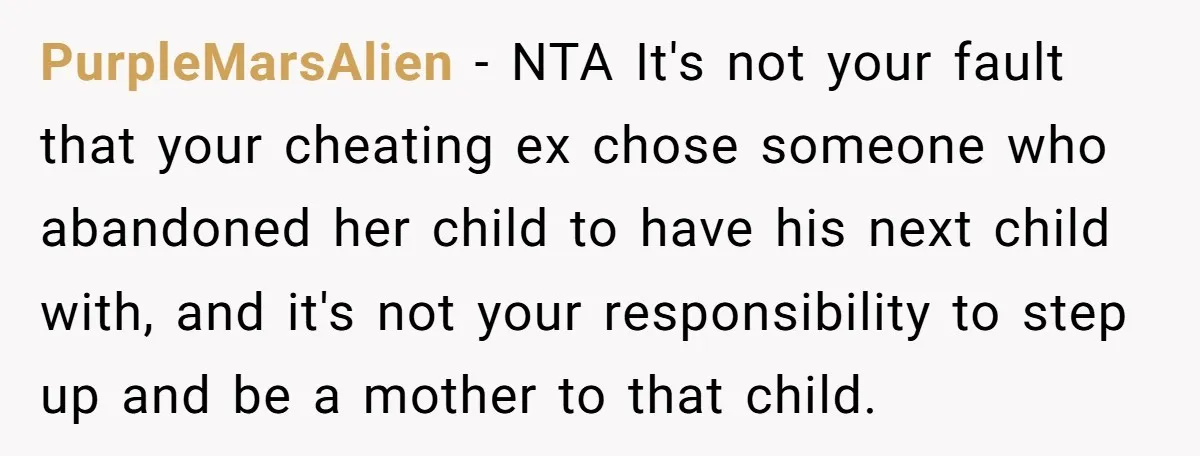 PurpleMarsAlien − NTA It's not your fault that your cheating ex chose someone who abandoned her child to have his next child with, and it's not your responsibility to step...