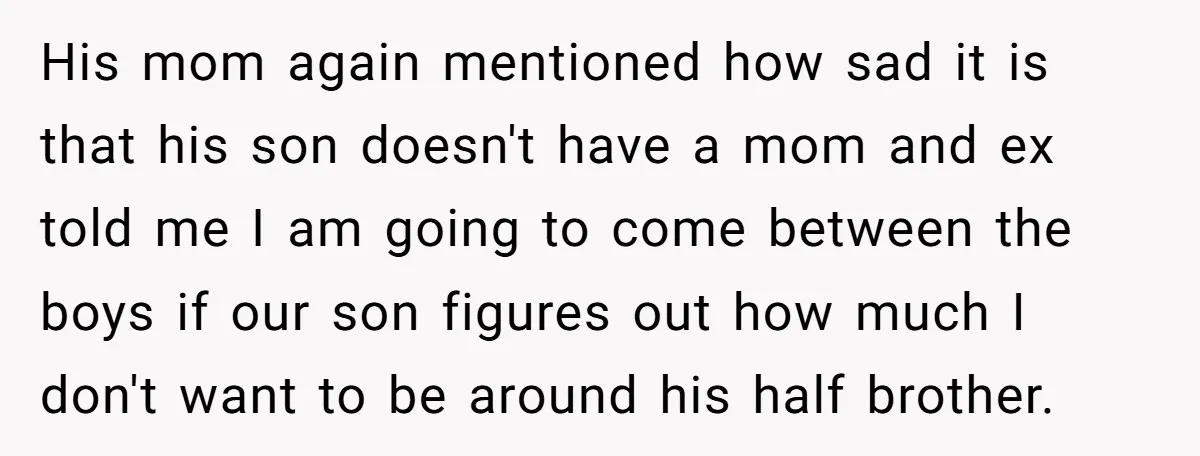 His mom again mentioned how sad it is that his son doesn't have a mom and ex told me I am going to come between the boys if our son...