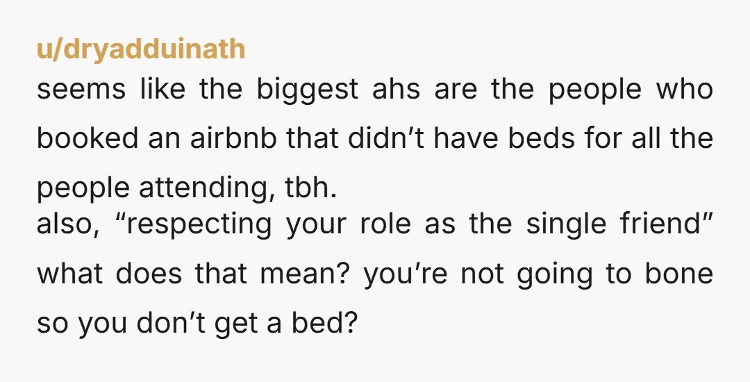 u/dryadduinath seems like the biggest ahs are the people who booked an airbnb that didn’t have beds for all the people attending, tbh. also, “respecting your role as the single...