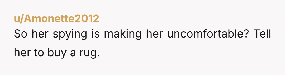 u/Amonette2012
So her spying is making her uncomfortable? Tell her to buy a rug.