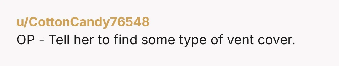 u/CottonCandy76548
OP - Tell her to find some type of vent cover.