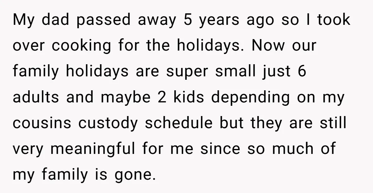 My dad passed away 5 years ago so I took over cooking for the holidays. Now our family holidays are super small just 6 adults and maybe 2 kids depending...
