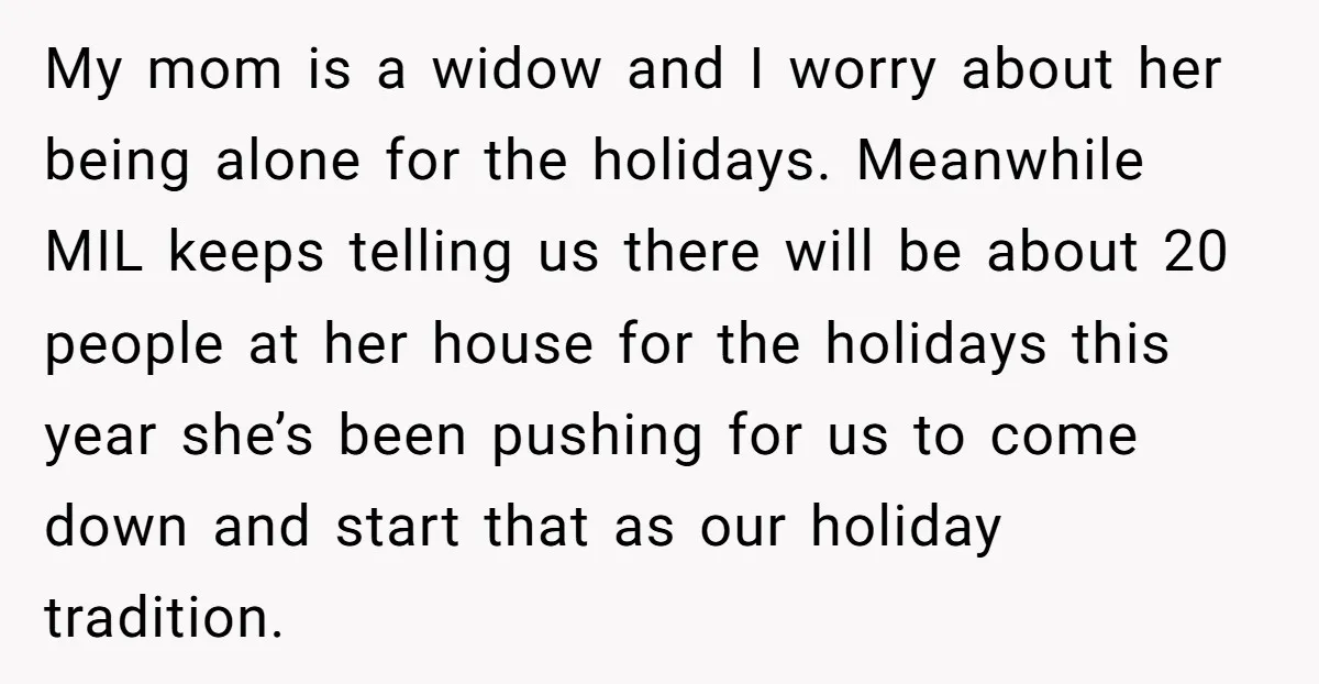My mom is a widow and I worry about her being alone for the holidays. Meanwhile MIL keeps telling us there will be about 20 people at her house for...