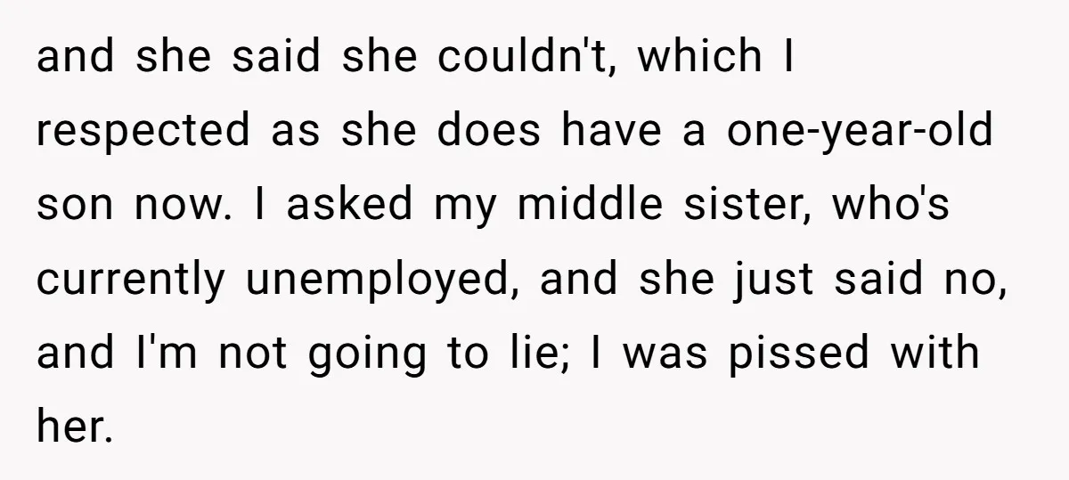 and she said she couldn't, which I respected as she does have a one-year-old son now. I asked my middle sister, who's currently unemployed, and she just said no, and...