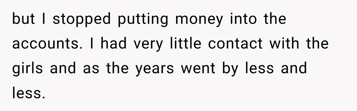 but I stopped putting money into the accounts. I had very little contact with the girls and as the years went by less and less.