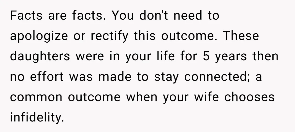 Facts are facts. You don't need to apologize or rectify this outcome. These daughters were in your life for 5 years then no effort was made to stay connected; a...