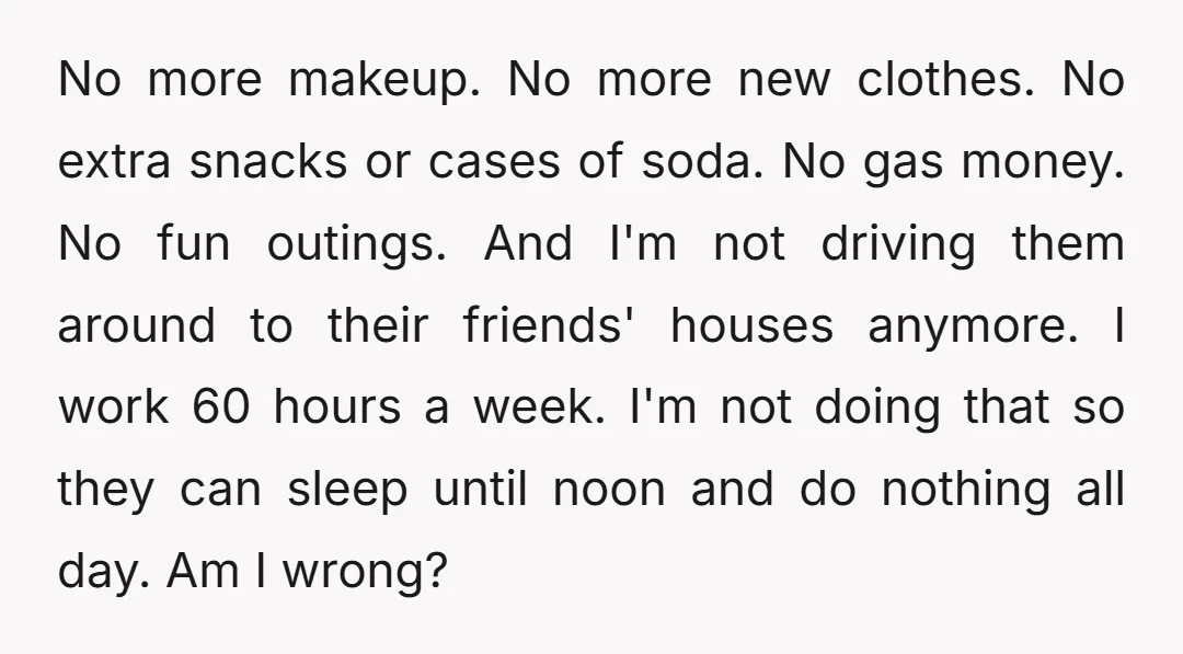 No more makeup. No more new clothes. No extra snacks or cases of soda. No gas money. No fun outings. And I'm not driving them around to their friends' houses...