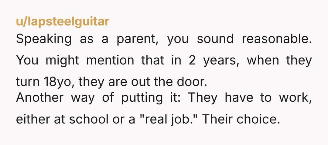 u/lapsteelguitar Speaking as a parent, you sound reasonable. You might mention that in 2 years, when they turn 18yo, they are out the door. Another way of putting it: They...